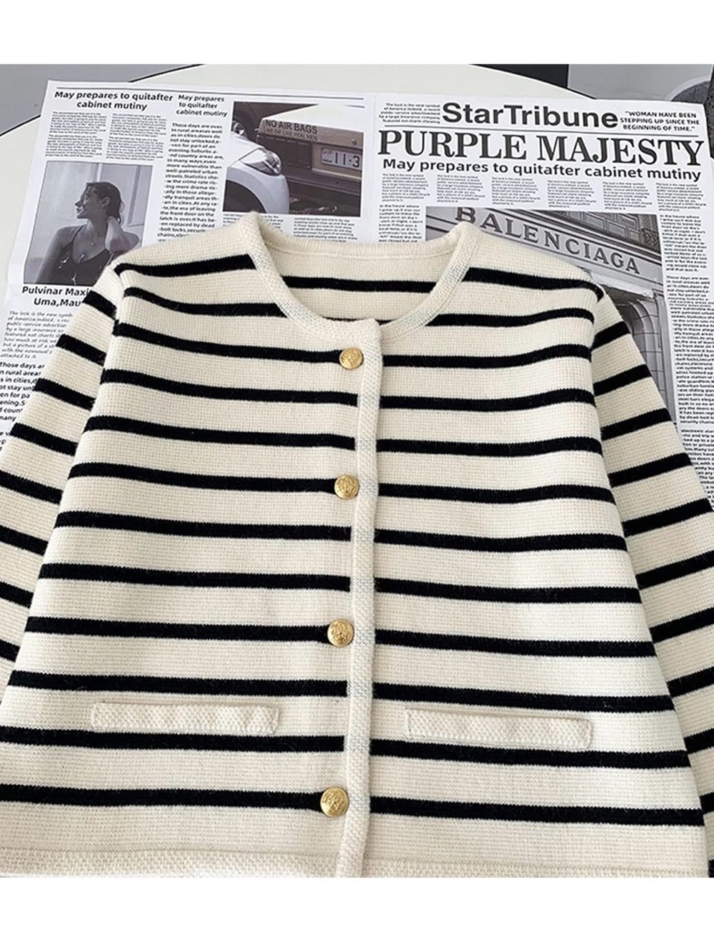 Striped Cream and Black Button-Front Women's Cardigan